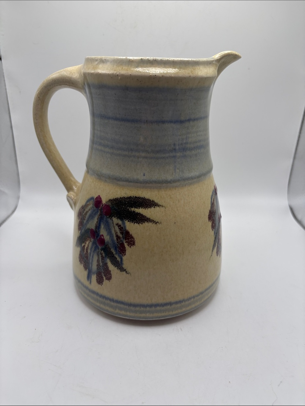 Hand-Painted Ceramic Pitcher in Cream and Blue